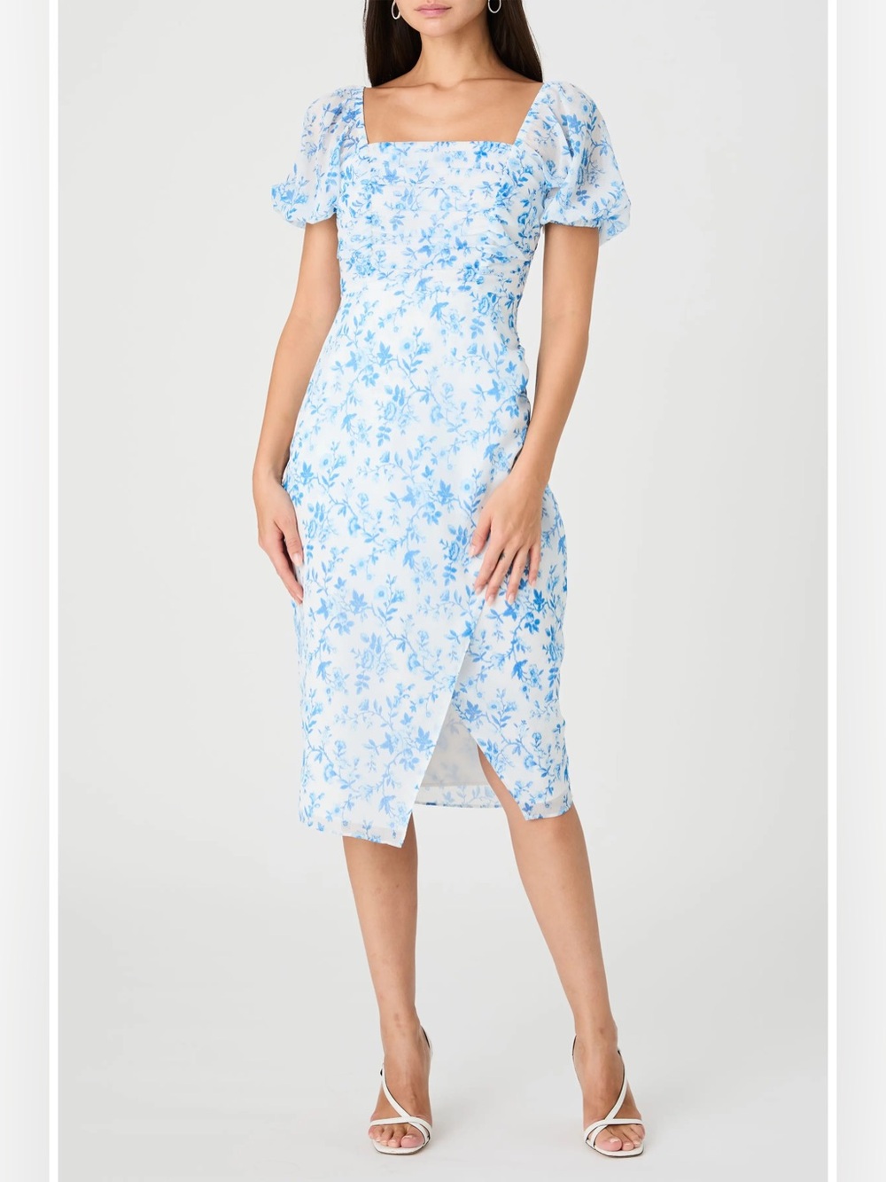 French Connection White Midi Dress with Puff Sleeves Blue Floral Print Sz Medium